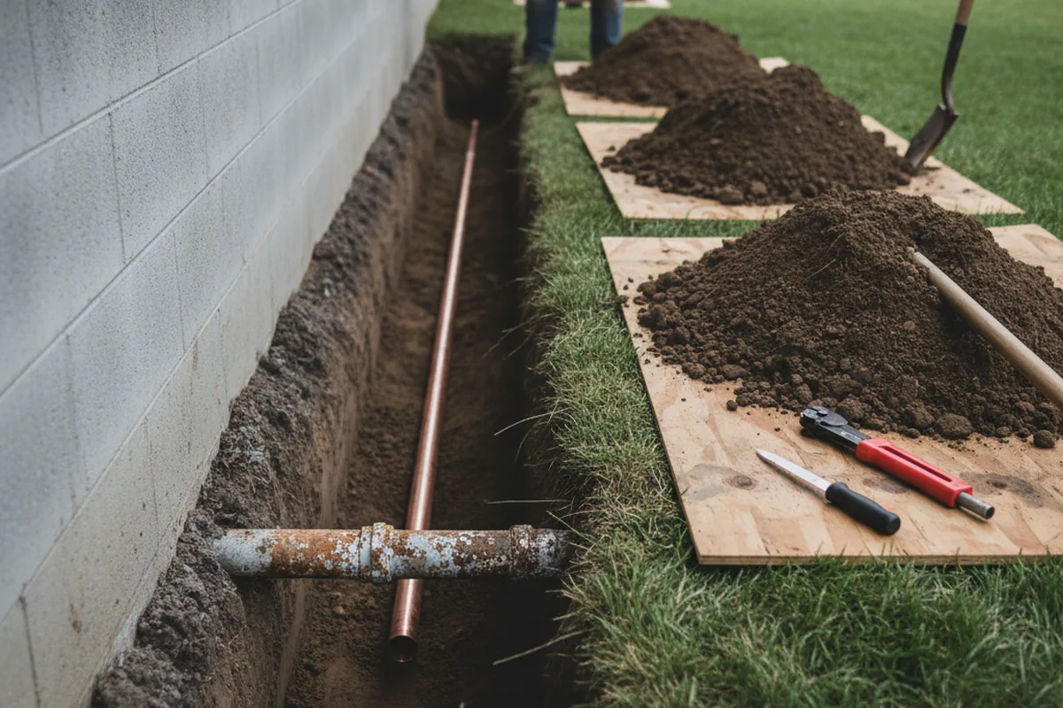 Excavated water line trench during Sewer Line Repair in Satellite Beach